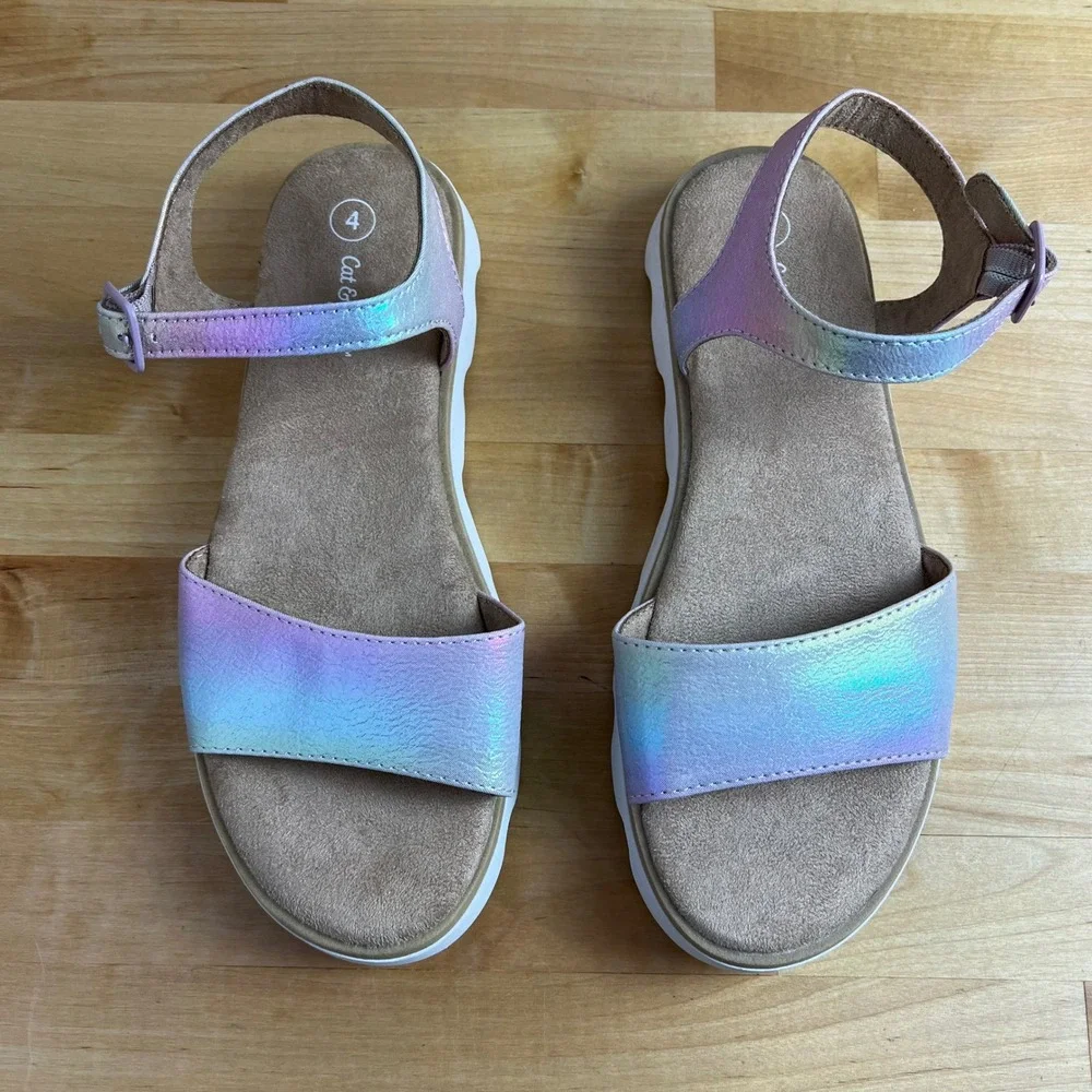 Cat & Jack‎ Girls' Iridescent Platform Sandals Adjustable Ankle Strap Size 4